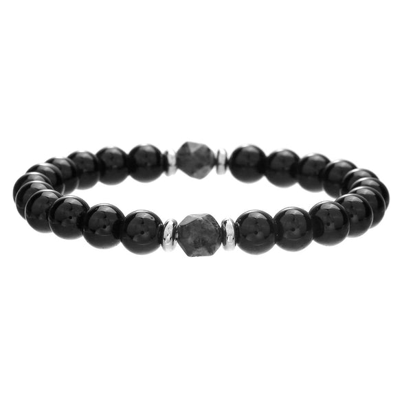 Unisex Natural Stone Geometric Style Handmade Black Onyx Cut Crystal Stacked Bracelet