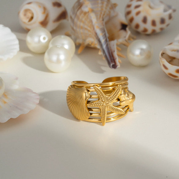 Unisex Ocean Breeze Style Stainless Steel Opening Ring With Geometric Shape Pvd Furnace Vacuum Real Gold Plated