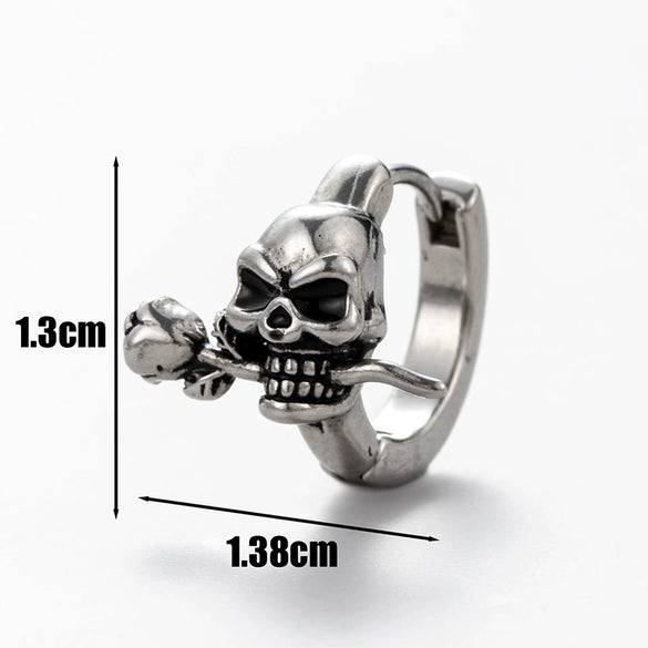 Unisex Piercing Earrings Stainless Steel Cast Rose Skull Snake With Flowers And Polishing Style