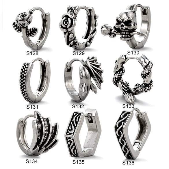 Unisex Piercing Earrings Stainless Steel Cast Rose Skull Snake With Flowers And Polishing Style