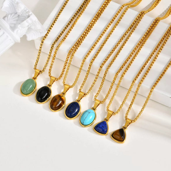 Unisex Retro Fashion Jewelry Stainless Steel Geometric Oval Natural Stone Pendant Necklace