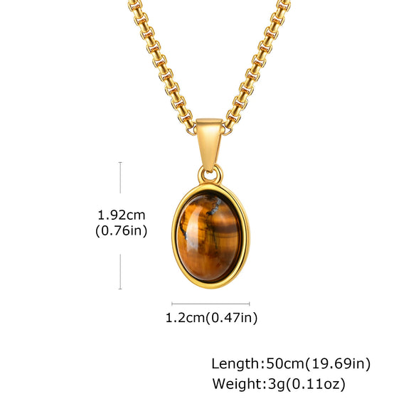 Unisex Retro Fashion Jewelry Stainless Steel Geometric Oval Natural Stone Pendant Necklace