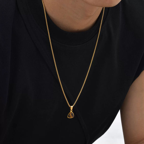 Unisex Retro Fashion Jewelry Stainless Steel Geometric Oval Natural Stone Pendant Necklace