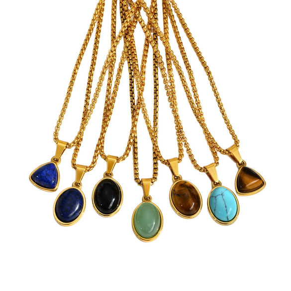 Unisex Retro Fashion Jewelry Stainless Steel Geometric Oval Natural Stone Pendant Necklace