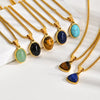 Unisex Retro Fashion Jewelry Stainless Steel Geometric Oval Natural Stone Pendant Necklace