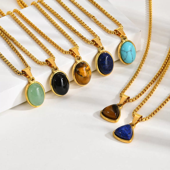 Unisex Retro Fashion Jewelry Stainless Steel Geometric Oval Natural Stone Pendant Necklace