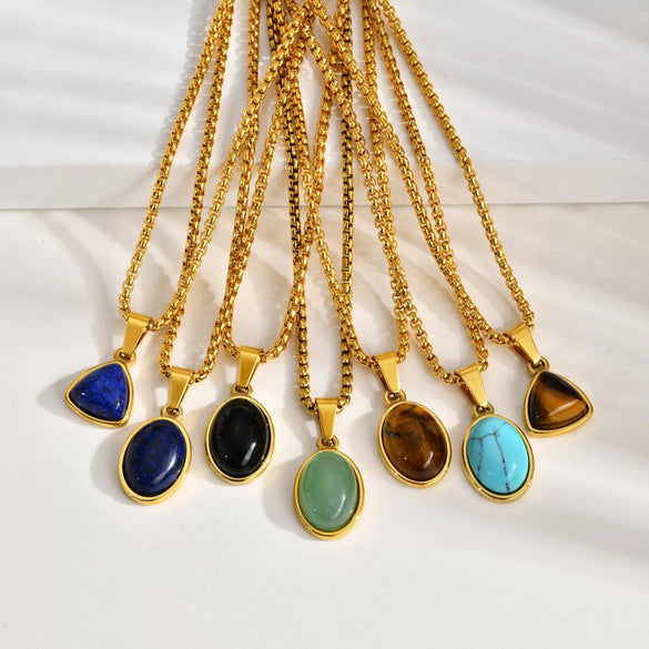 Unisex Retro Fashion Jewelry Stainless Steel Geometric Oval Natural Stone Pendant Necklace