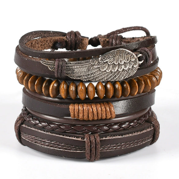 Unisex Retro Handmade Alloy And Leather Wings Bracelet