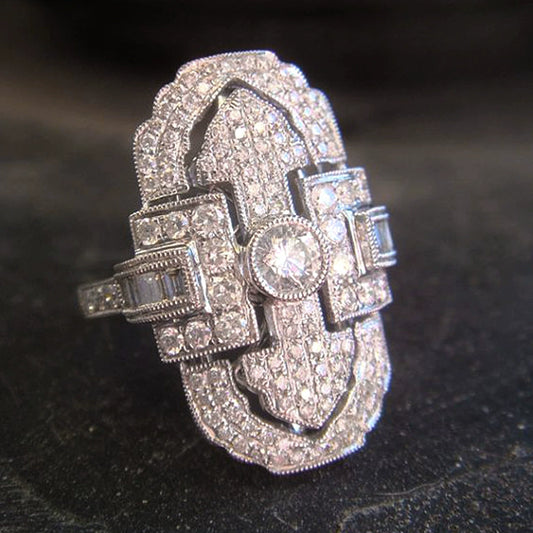 Unisex Retro Hollow Court Style Copper Ring With Geometric Pattern And Full Diamond Zircon