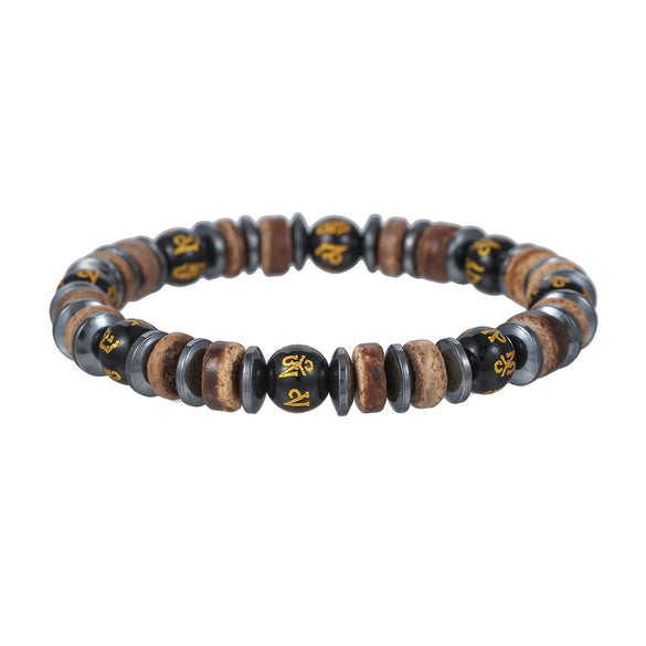 Unisex Retro Wooden And Stone Bead Bracelet Geometric Pattern Handmade