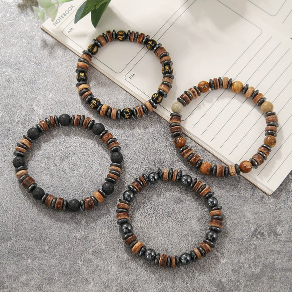 Unisex Retro Wooden And Stone Bead Bracelet Geometric Pattern Handmade