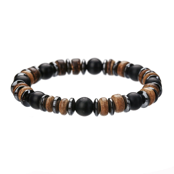 Unisex Retro Wooden And Stone Bead Bracelet Geometric Pattern Handmade
