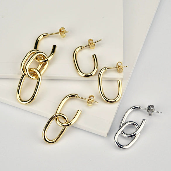 Unisex S925 Sterling Silver Oval Ear Buckle Earrings In Cold Metal Style With Geometric Design And Electroplating