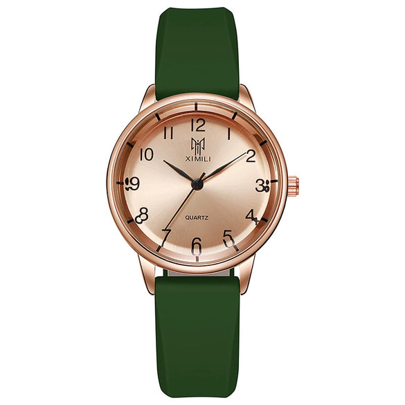 Unisex Silicone Alloy Iron Plain Glass Mirror Round Quartz Student Watch Leisure Style Spiral Crown Pin Buckle
