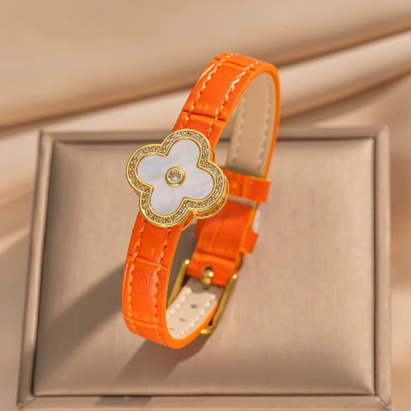 Unisex Simple Electroplated Stainless Steel And Genuine Leather Watch Strap With Bamboo And Flower Patterns