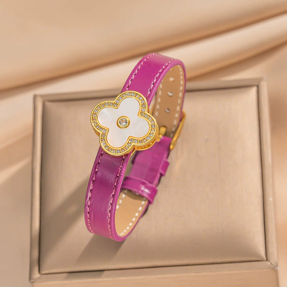 Unisex Simple Electroplated Stainless Steel And Genuine Leather Watch Strap With Bamboo And Flower Patterns