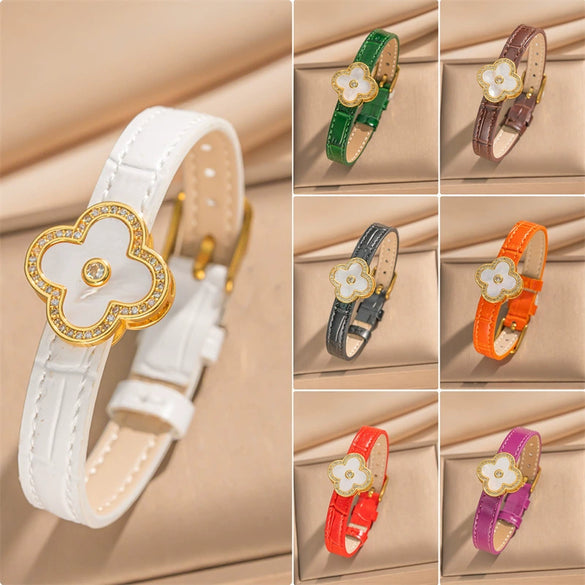 Unisex Simple Electroplated Stainless Steel And Genuine Leather Watch Strap With Bamboo And Flower Patterns