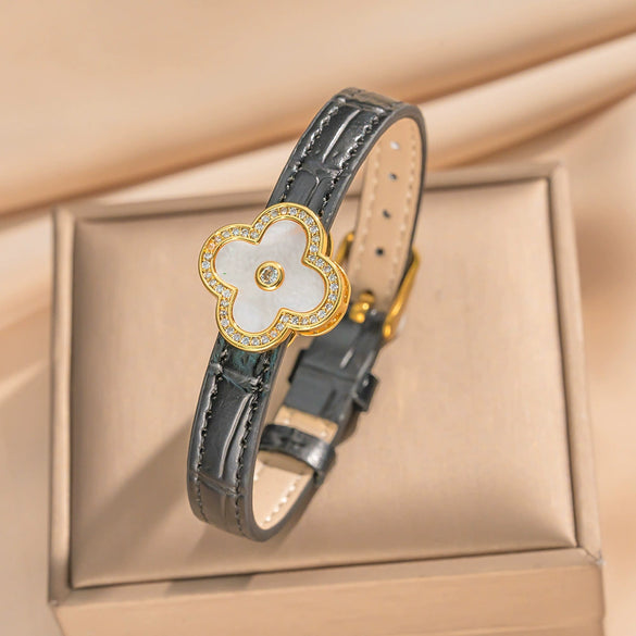 Unisex Simple Electroplated Stainless Steel And Genuine Leather Watch Strap With Bamboo And Flower Patterns