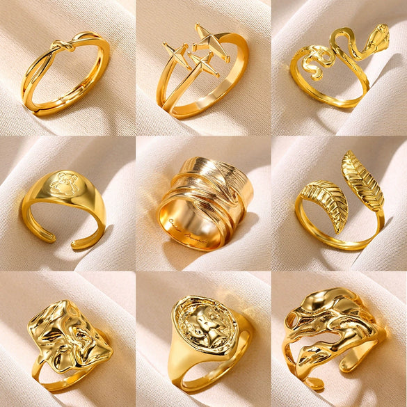 Unisex Snake Four Awn Star Leaf Shape Ring Electroplated With Crown Heart Shape Letters Numbers Text Pattern