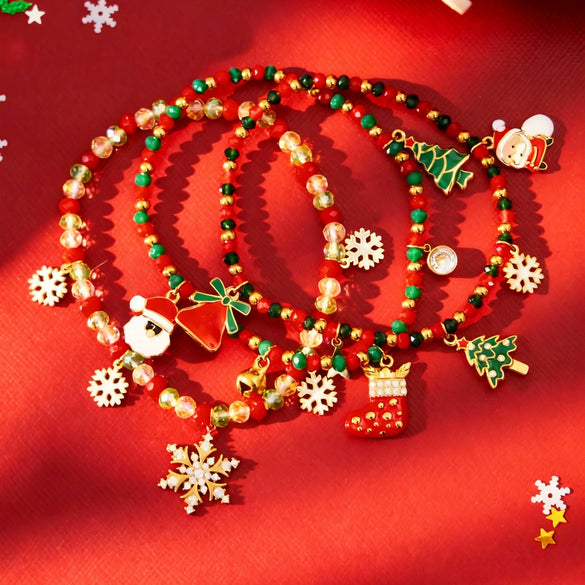 Unisex Stainless Steel Crystal Beaded Bracelet With Zircon Snowflake And Santa Claus Charms Vintage Electroplated Jewelry