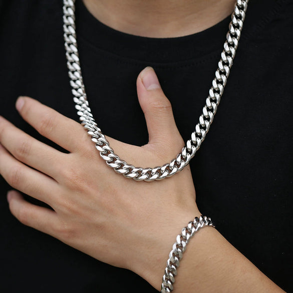 Unisex Stainless Steel Cuban Link Chain Bracelet And Necklace With Polished Star Pendant Sporty Jewelry
