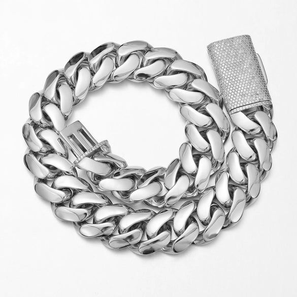 Unisex Stainless Steel Geometric Cuban Chain Necklace Polished With Zircon Diamond Buckle