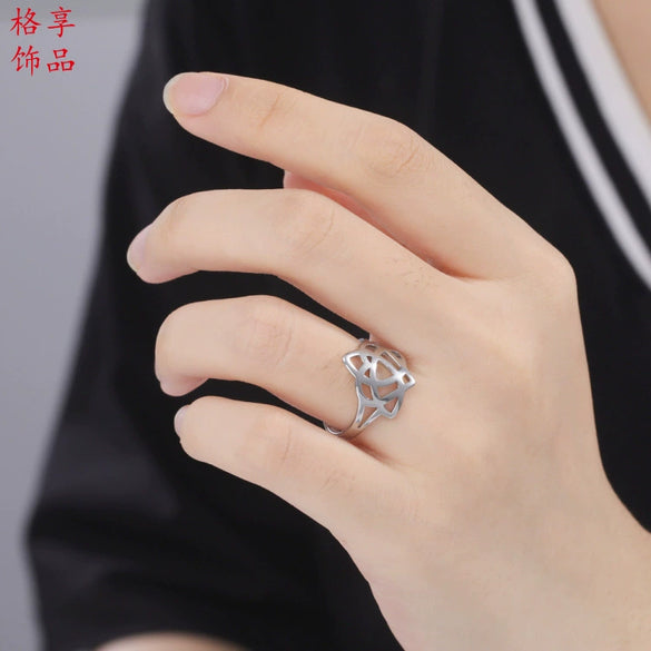 Unisex Stainless Steel Geometric Open Ring With Electroplated Finish And Adjustable Love Knot Design