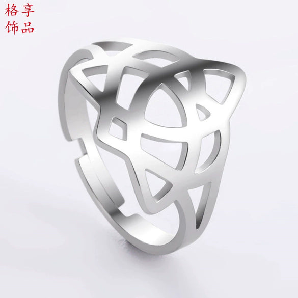 Unisex Stainless Steel Geometric Open Ring With Electroplated Finish And Adjustable Love Knot Design