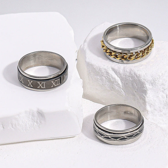 Unisex Stainless Steel Geometric Rotatable Ring With Roman Letter Design Nonfading Finish Precision Crafted Light Luxury Jewelry