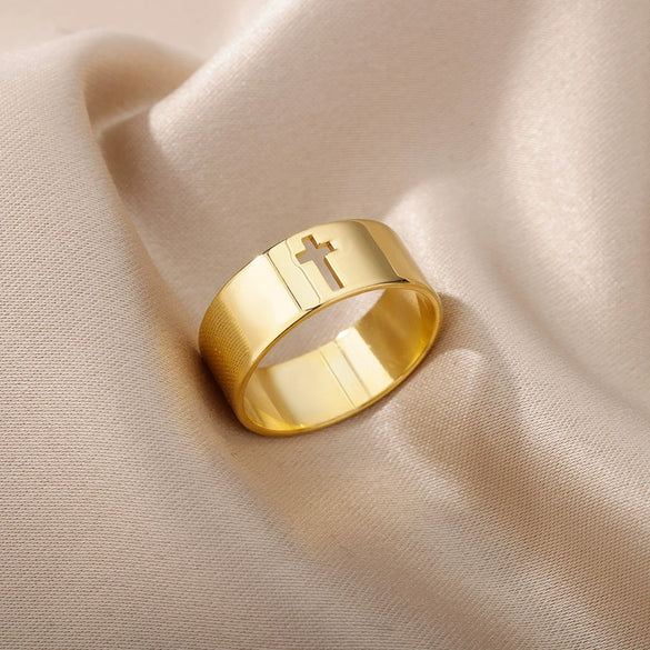 Unisex Stainless Steel Hollow Cross Ring With Electroplating