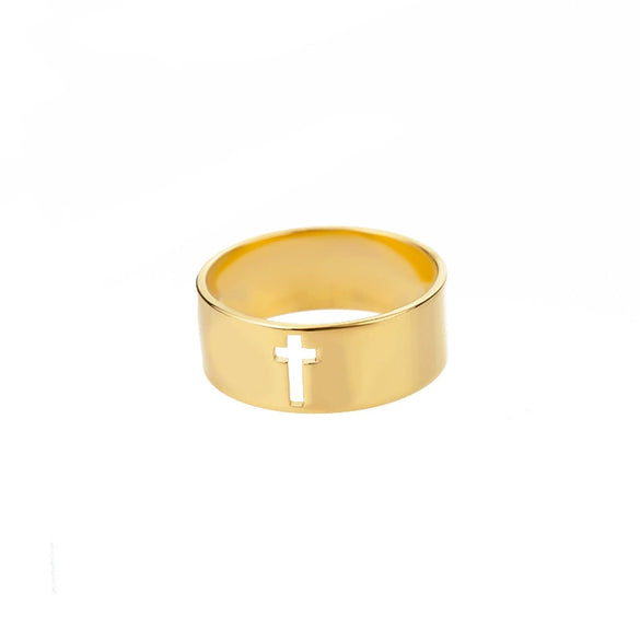 Unisex Stainless Steel Hollow Cross Ring With Electroplating