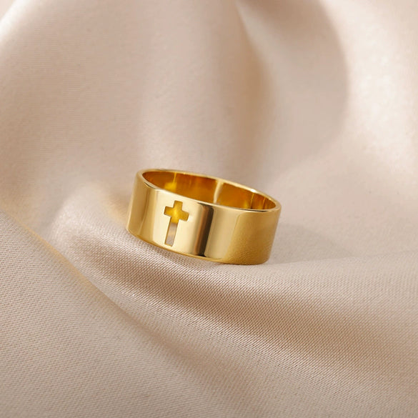 Unisex Stainless Steel Hollow Cross Ring With Electroplating