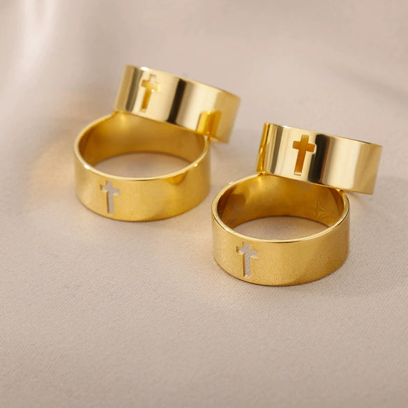 Unisex Stainless Steel Hollow Cross Ring With Electroplating