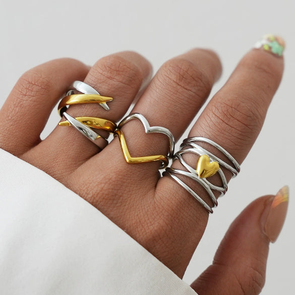 Unisex Stainless Steel Hollow Heart And Ushaped Flower Geometric Rings With Vacuum Furnace Electroplating