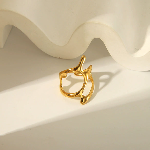 Unisex Stainless Steel Irregular Adjustable Opening Ring With Linear Lava Design And Vacuum Real Gold Pvd Furnace Electroplating