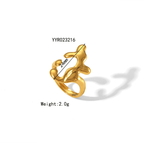 Unisex Stainless Steel Irregular Adjustable Opening Ring With Linear Lava Design And Vacuum Real Gold Pvd Furnace Electroplating
