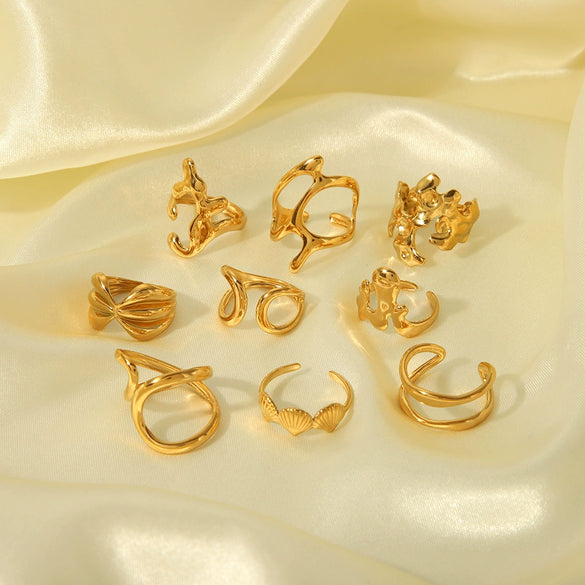 Unisex Stainless Steel Irregular Adjustable Opening Ring With Linear Lava Design And Vacuum Real Gold Pvd Furnace Electroplating