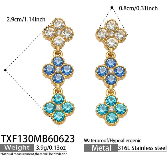 Unisex Stainless Steel 18K Gold Plated Four Leaf Flower Rhinestone Jewelry Set Necklace Earrings Bracelet Ring