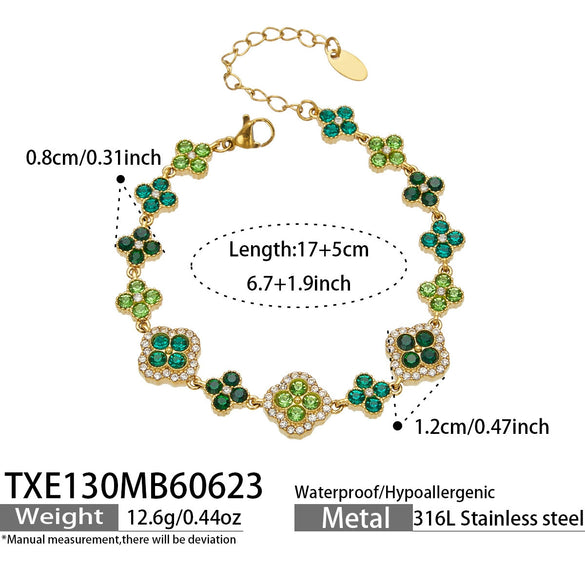Unisex Stainless Steel 18K Gold Plated Four Leaf Flower Rhinestone Jewelry Set Necklace Earrings Bracelet Ring