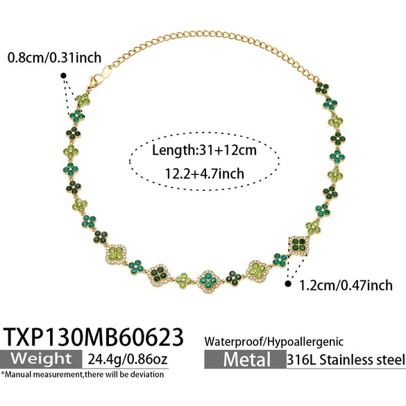 Unisex Stainless Steel 18K Gold Plated Four Leaf Flower Rhinestone Jewelry Set Necklace Earrings Bracelet Ring