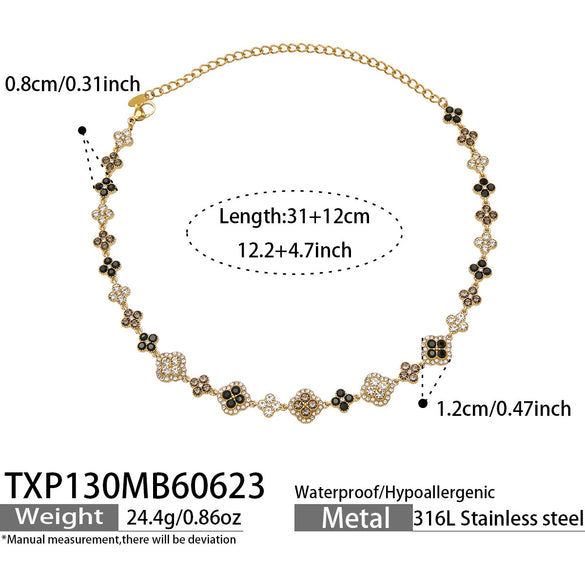 Unisex Stainless Steel 18K Gold Plated Four Leaf Flower Rhinestone Jewelry Set Necklace Earrings Bracelet Ring