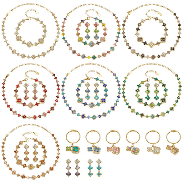 Unisex Stainless Steel 18K Gold Plated Four Leaf Flower Rhinestone Jewelry Set Necklace Earrings Bracelet Ring