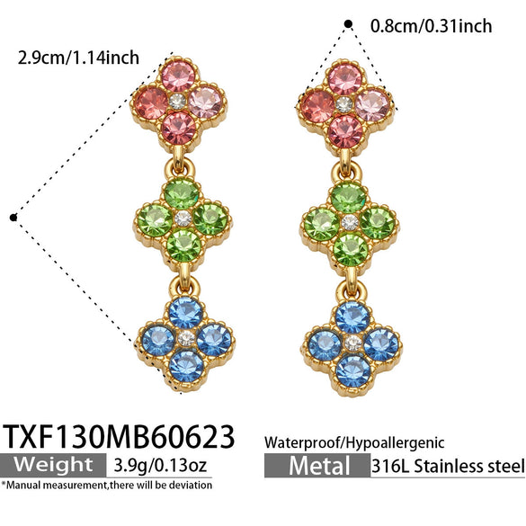 Unisex Stainless Steel 18K Gold Plated Four Leaf Flower Rhinestone Jewelry Set Necklace Earrings Bracelet Ring