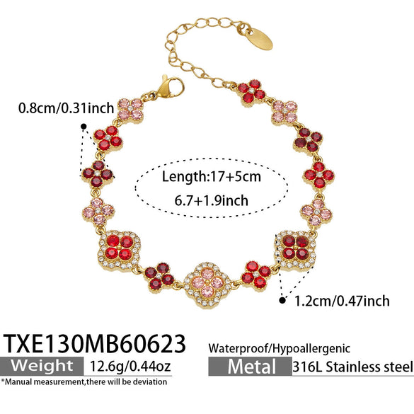 Unisex Stainless Steel 18K Gold Plated Four Leaf Flower Rhinestone Jewelry Set Necklace Earrings Bracelet Ring