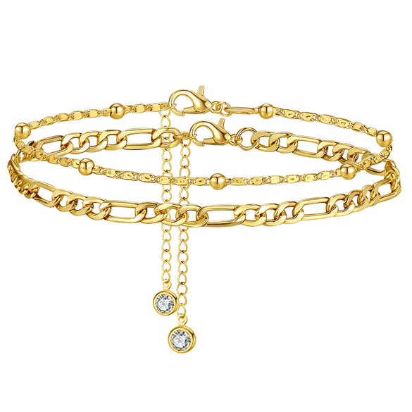 Unisex Stainless Steel Layered Anklet With Cuban Chain And Bead Chain Geometric Minimalist Double Layer Ankle Chain