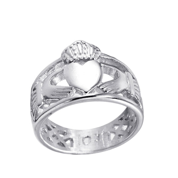 Unisex Stainless Steel Wide Band Geometric Crown Love Ring With Hollow Hand Motif And Oiled Finish