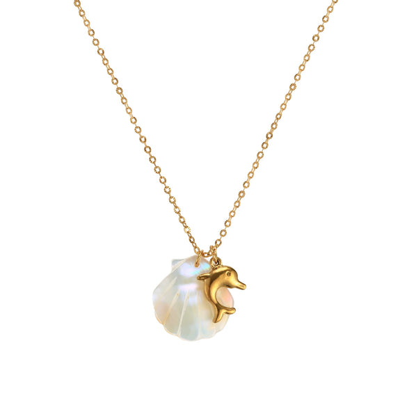 Unisex Starfish And Conch Shell Necklace With Mixed Gem Inlay Stainless Steel Electroplated 18K Gold Color