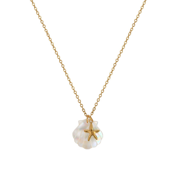 Unisex Starfish And Conch Shell Necklace With Mixed Gem Inlay Stainless Steel Electroplated 18K Gold Color