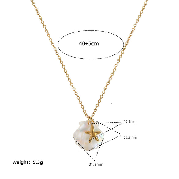 Unisex Starfish And Conch Shell Necklace With Mixed Gem Inlay Stainless Steel Electroplated 18K Gold Color