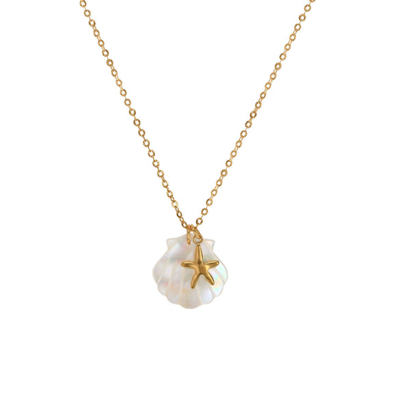 Unisex Starfish And Conch Shell Necklace With Mixed Gem Inlay Stainless Steel Electroplated 18K Gold Color